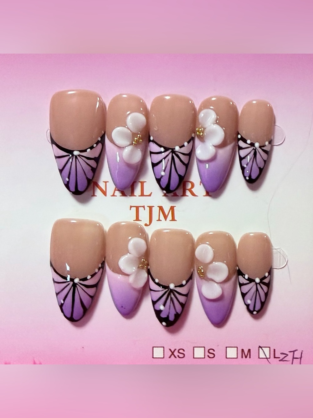 Lavender French Tip Press-On Nails with 3D Floral Accent